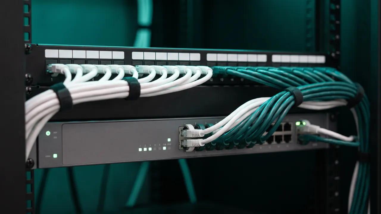 Rack de rede organizado: patch panel e switch com os cabos penteados e presos com velcro