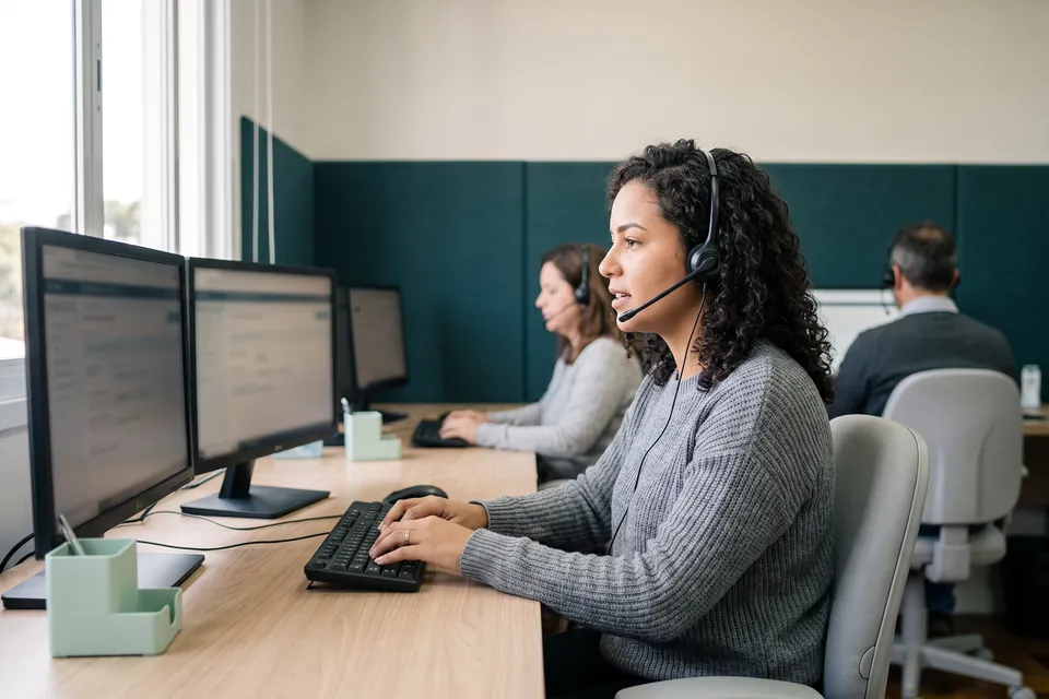 Atendente de call center com headset, falando com um cliente diante de dois monitores