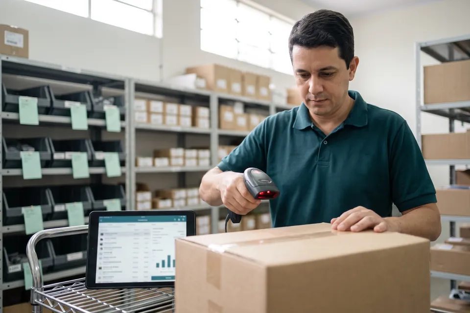 Funcionário lendo o código de barras de uma caixa no estoque, com o sistema de inventário aberto no tablet