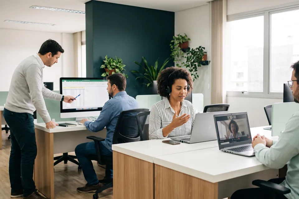 Equipe de escritório trabalhando nos computadores, com uma pessoa em videochamada